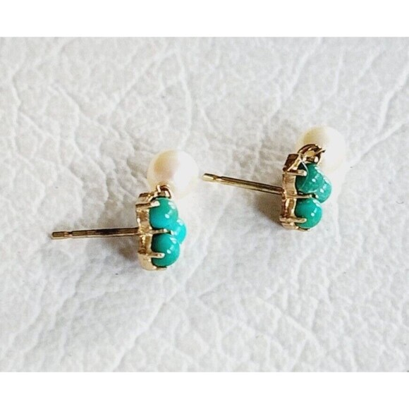 Vintage 14k Yellow Gold Bead Turquoise & 5.9mm Pearl Floral Dangle Earrings 2.1g - Picture 7 of 12